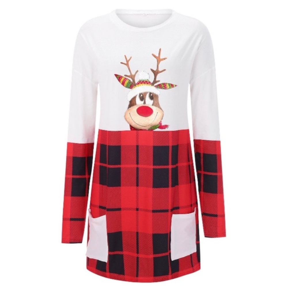 Festive Holiday Reindeer Plaid Tunic Dress